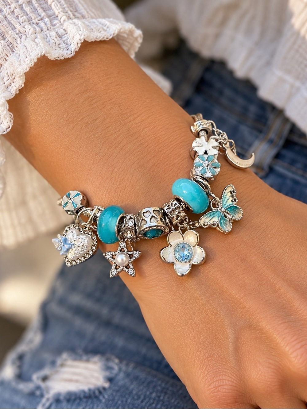 Silver Charm Bracelet W/ Turquoise Enamel Butterfly, Flower, heart 18k Plated